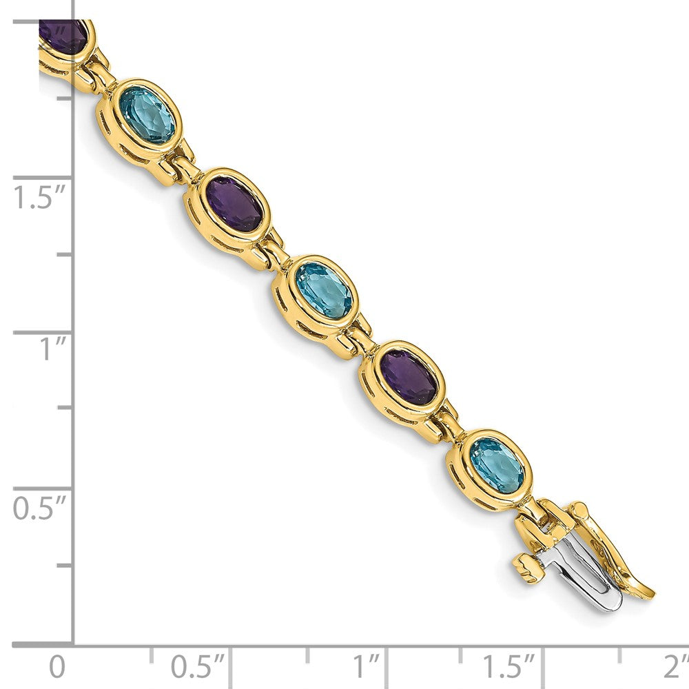 14K Yellow Gold Complete Oval Amethyst and Sky Blue Topaz Bezel-set 7 Inch Bracelet