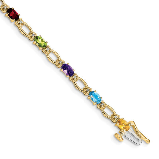 14K Yellow Gold Complete Diamond and Oval Garnet/Peridot/Amethyst/Citrine/Swiss Blue Topaz 7 Inch Rainbow Bracelet