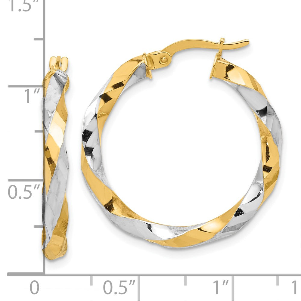 14K Yellow Gold with Rhodium Polished and Diamond-cut Twisted Hoop Earrings