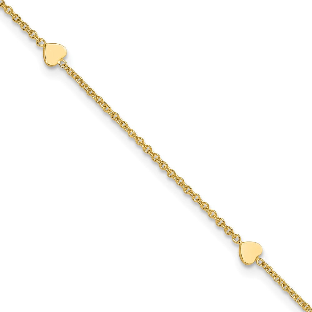 14K Yellow Gold Polished Hearts 4-Station 10 Inch Plus 1 Inch Extender - Total 11 Inch Anklet