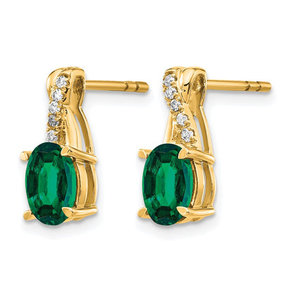 14K Yellow Gold 7x5 Oval May/Lab Created Emerald and Diamond Post Earrings