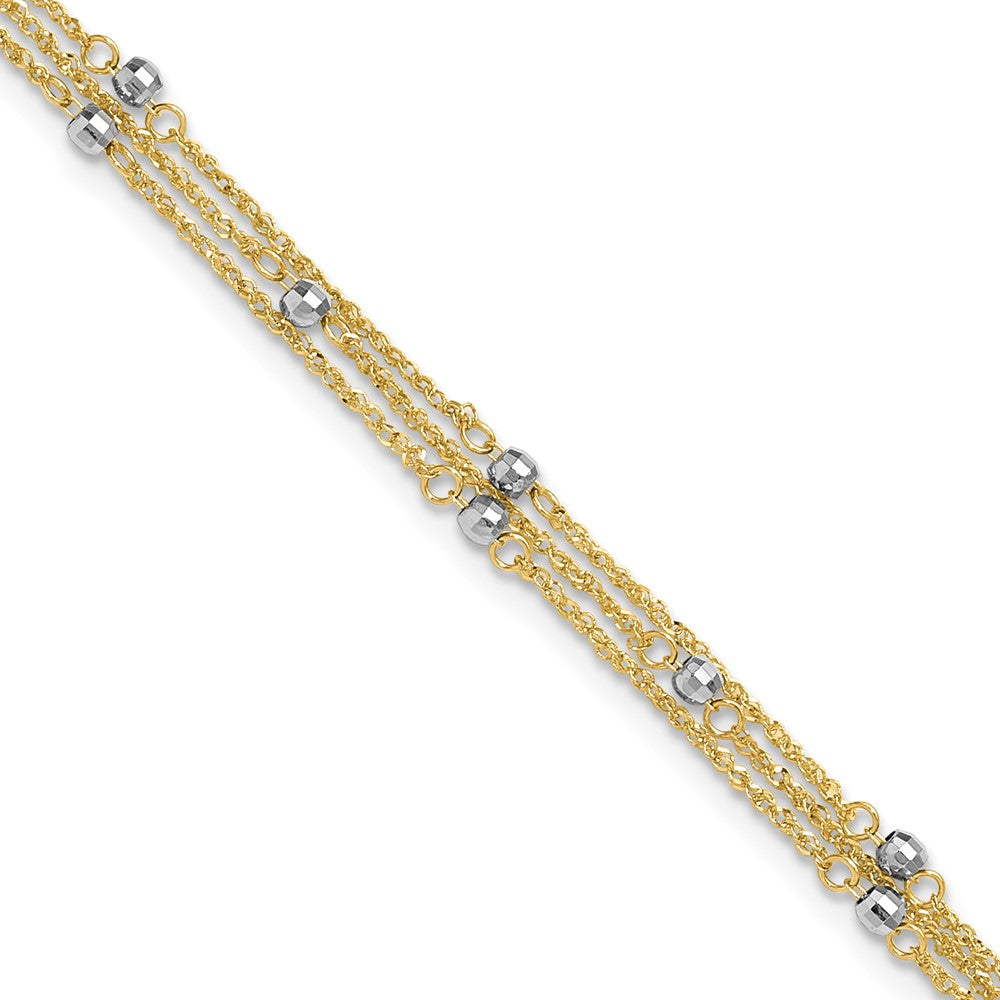 14K Two-Tone Gold Two-tone 3-Strand Chain with Mirror Beads 10 Inch Plus 1 Inch Extender - Total 11 Inch Anklet