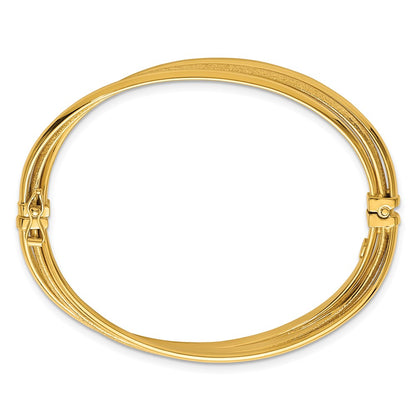 14K Yellow Gold Polished and Textured Three-Row Twisted 8.50mm Hinged Oval Bangle Bracelet
