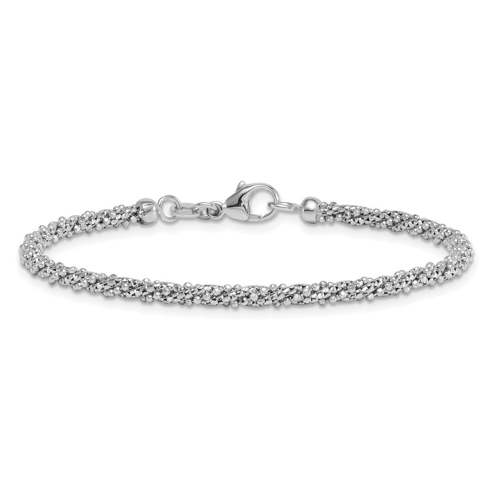 14K White Gold Polished and Textured 3mm Twisted Mesh Fancy Beaded 7.75 Inch Bracelet