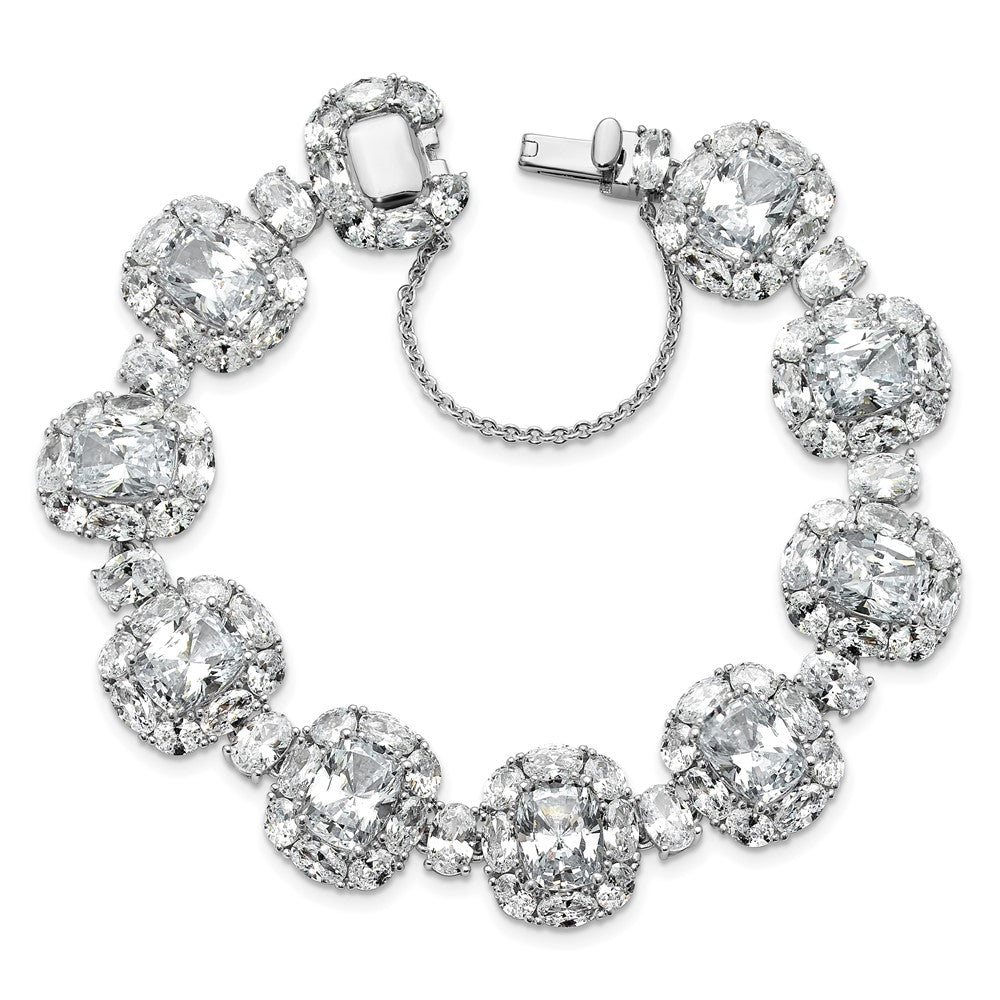 Cheryl M Sterling Silver Rhodium-plated Polished Fancy Cushion-cut CZ Halo Cluster with Safety Chain Bracelet