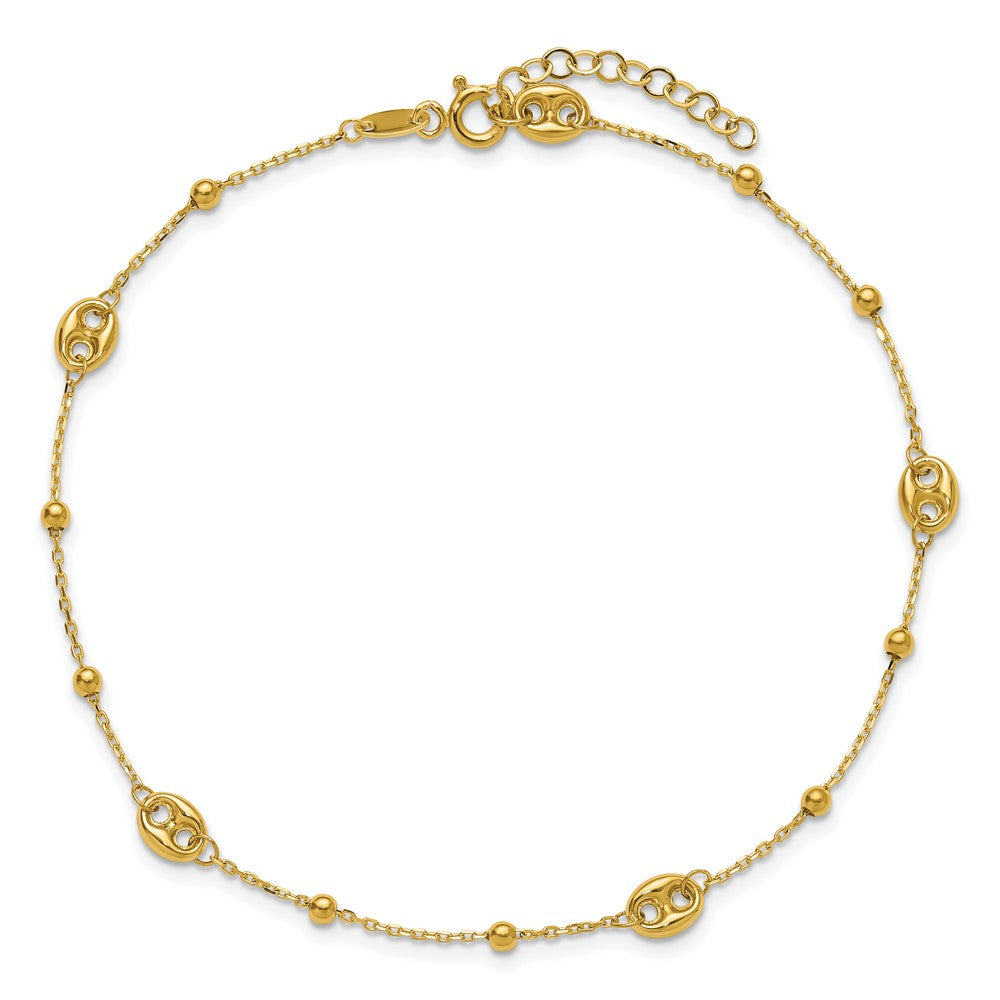 14K Yellow Gold Puffed Mariner Beaded 9 Inch Plus 1 Inch Extender - Total 10 Inch Anklet