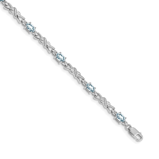 14K White Gold Complete Diamond and Oval Aquamarine X-design 7.25 Inch Bracelet