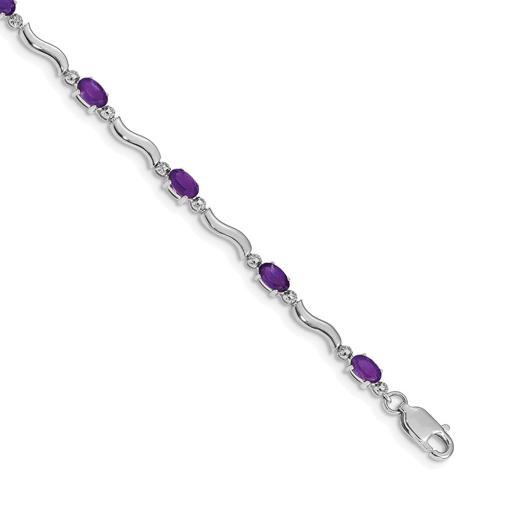 14K White Gold Complete Diamond and Oval Amethyst Wavy Link 7 Inch Bracelet