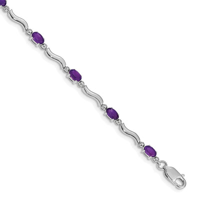 14K White Gold Complete Diamond and Oval Amethyst Wavy Link 7 Inch Bracelet
