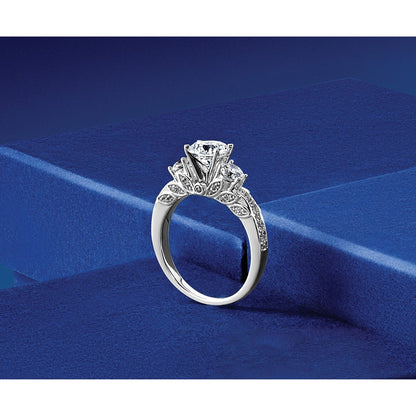 14K White Gold 3/4 carat Lab Grown Diamond VS/SI+ G+ Round Semi Mount Three Stone Engagement Ring