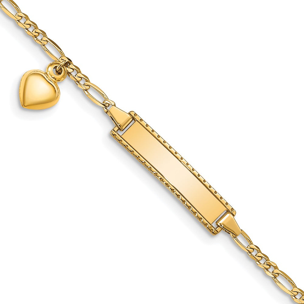 14K Yellow Gold Polished Solid Chain/Solid Plate Heart Dangle Figaro Link 21x6mm Plate 5.5 Inch Baby/Child ID Bracelet