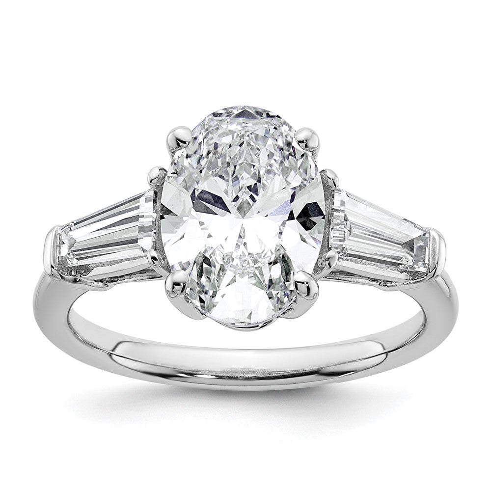 14K White Gold 3/4 carat Lab Grown Diamond VS+ F+ Tapered Baguette 2 1/2 carat Oval Semi Mount Three Stone Engagement Ring