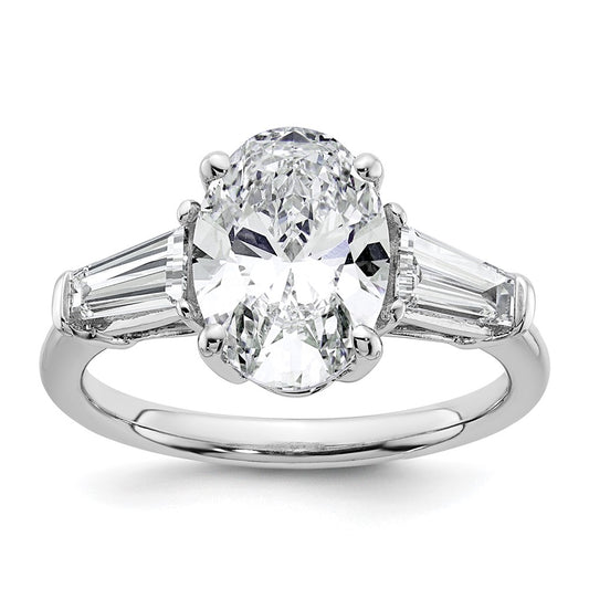 14K White Gold 3/4 carat Lab Grown Diamond VS+ F+ Tapered Baguette 2 1/2 carat Oval Semi Mount Three Stone Engagement Ring