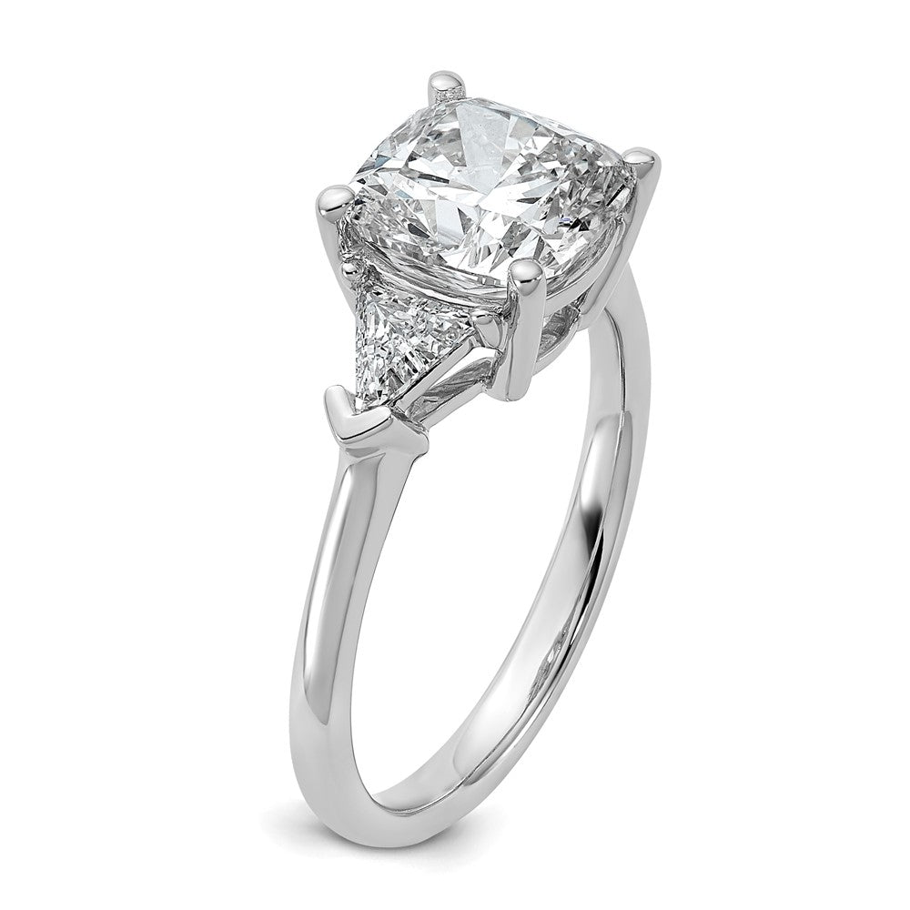 14K White Gold 5/8 carat Lab Grown Diamond VS+ F+ Triangle 2 1/2 carat Cushion Center Semi Mount Three Stone Engagement Ring