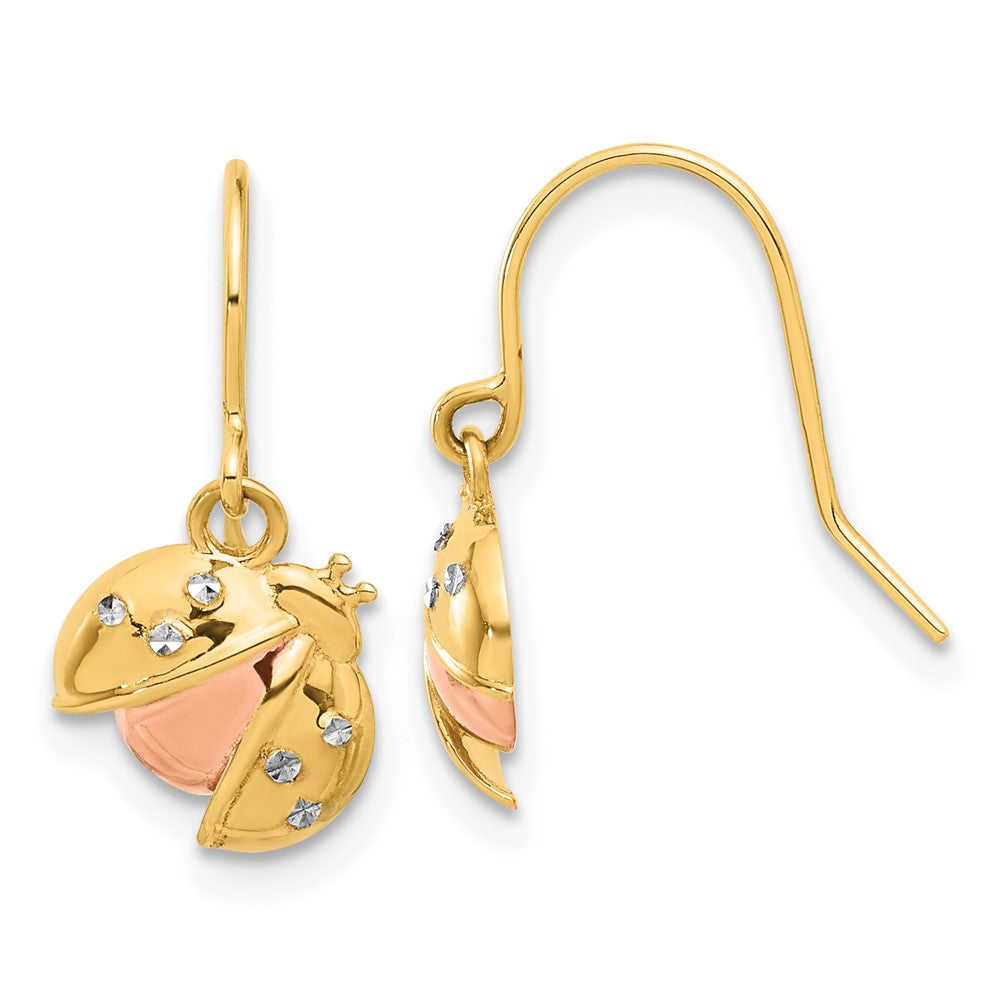 14K Yellow Gold with and Rhodium Diamond-cut Ladybug Dangle French Hook Earrings