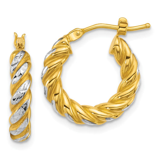 14K Yellow Gold with Rhodium Polished Diamond-cut Twisted 3.75mm Tube Hoop Earrings