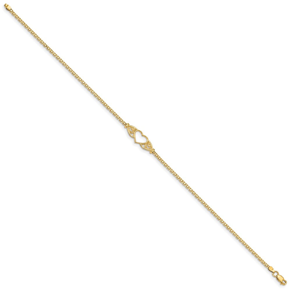 14K Yellow Gold Polished Open Heart with Filigree and Bismark Chain 10 Inch Anklet