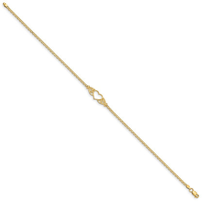 14K Yellow Gold Polished Open Heart with Filigree and Bismark Chain 10 Inch Anklet