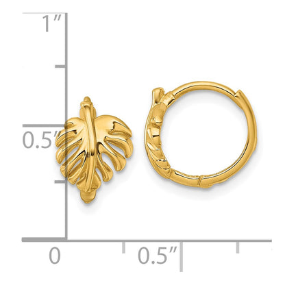 14K Yellow Gold Polished Monstera Leaf Round Hinged Hoop Earrings