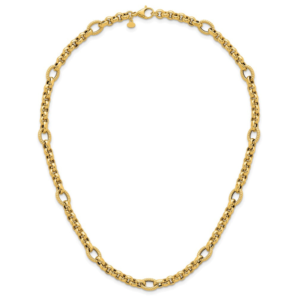14K Yellow Gold Polished and Textured Rolo and Oval Fancy Chain 18 Inch Necklace