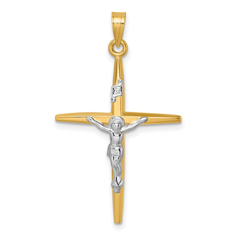 14K Yellow Gold with Rhodium Polished INRI Crucifix Cross Pendant