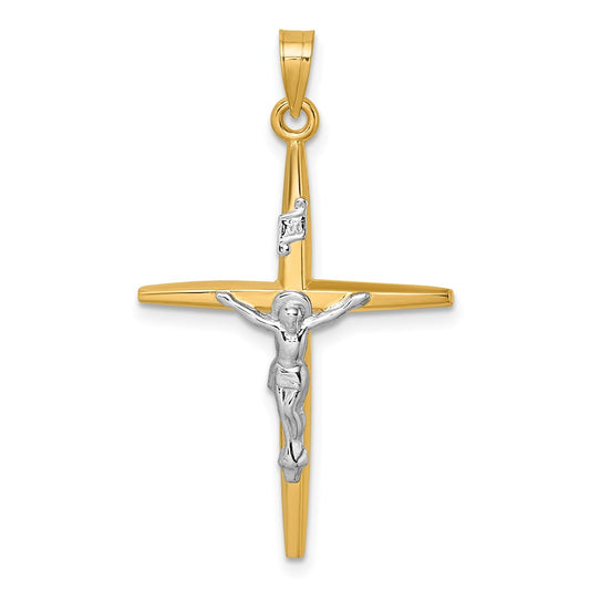 14K Yellow Gold with Rhodium Polished INRI Crucifix Cross Pendant