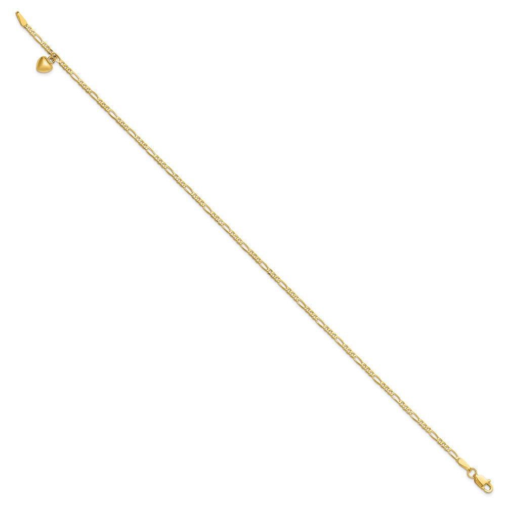14K Yellow Gold Figaro Link Chain with Dangling Puffed Heart 10 Inch Anklet