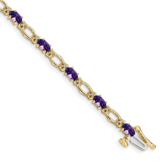 14K Yellow Gold Complete Diamond and Oval Amethyst Heart Accent 7 Inch Bracelet