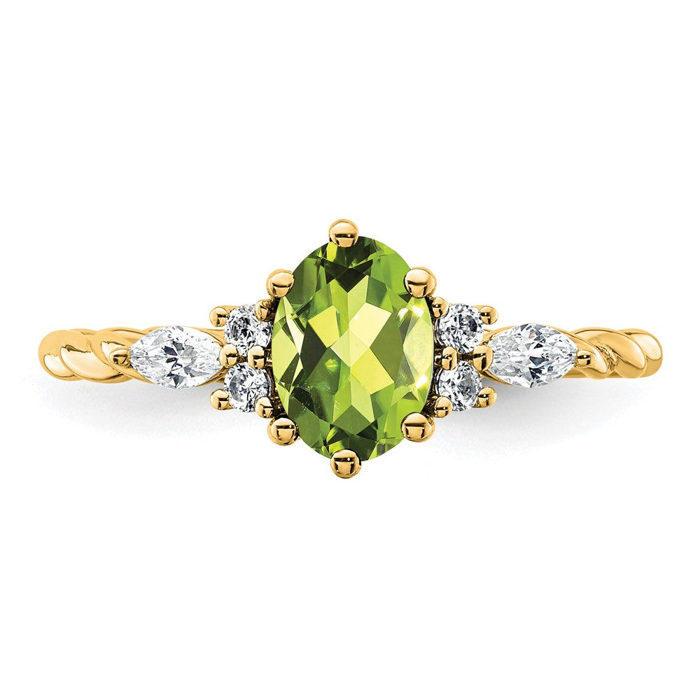 14K Yellow Gold Diamond and 7x5 Oval August/Peridot Size 7 Twisted Ring