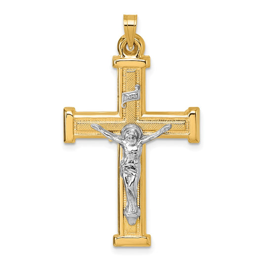 14K Yellow Gold with Rhodium Polished and Textured INRI Crucifix Cross Pendant