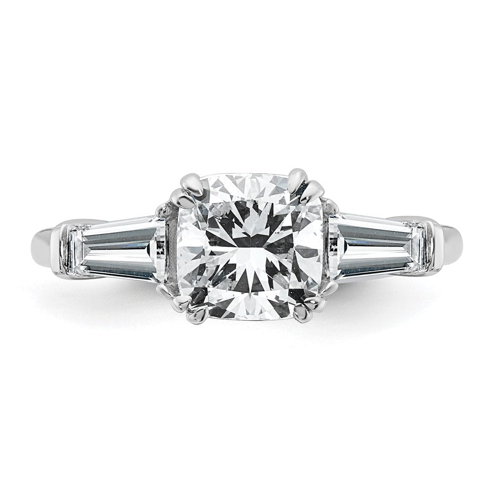 14K White Gold 5/8 carat Lab Grown Diamond VS+ F+ Tapered Baguette 1 1/2 carat Cushion Center Semi Mount Three Stone Engagement Ring