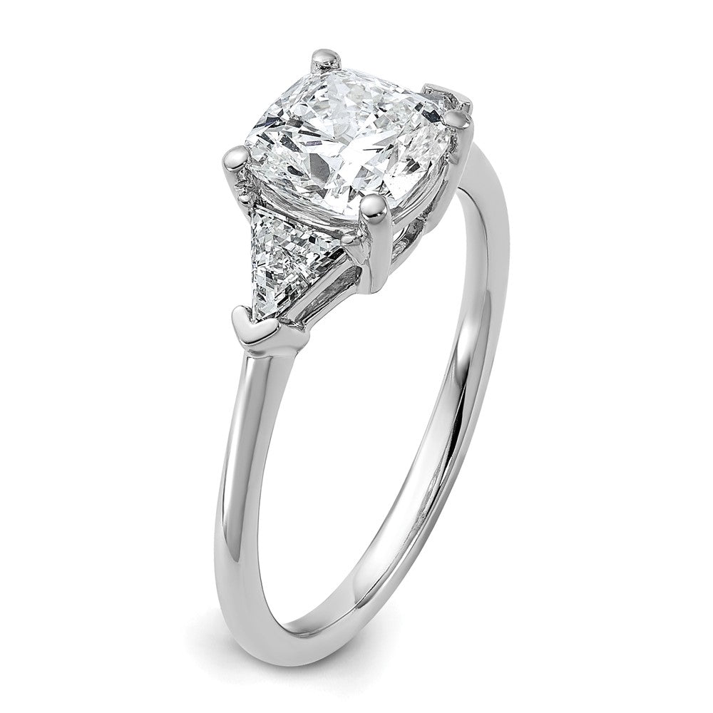 14K White Gold 1/2 carat Lab Grown Diamond VS/SI+ G+ Triangle 1 1/2 carat Cushion Center Semi Mount Three Stone Engagement Ring