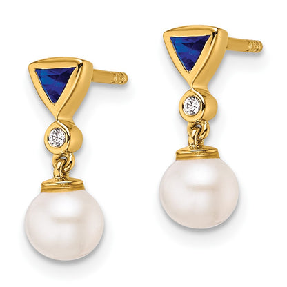 14K Yellow Gold Round Freshwater Cultured Pearl/.02 carat Diamond/Trillion Sapphire Dangle Post Earrings