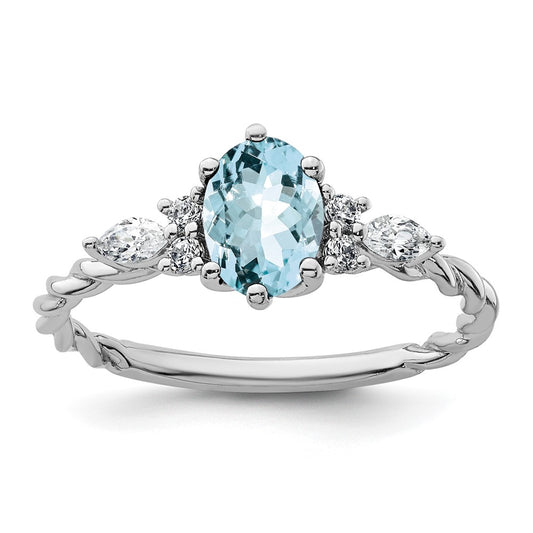 14K White Gold Diamond and 7x5 Oval March/Aquamarine Size 7 Twisted Ring