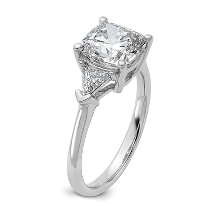 14K White Gold 5/8 carat Lab Grown Diamond VS/SI+ G+ Triangle 2 1/2 carat Cushion Center Semi Mount Three Stone Engagement Ring