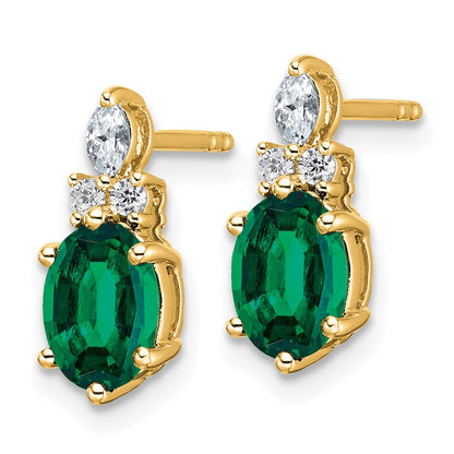 14K Yellow Gold Diamond and 7x5 Oval May/Lab Created Emerald Post Earrings