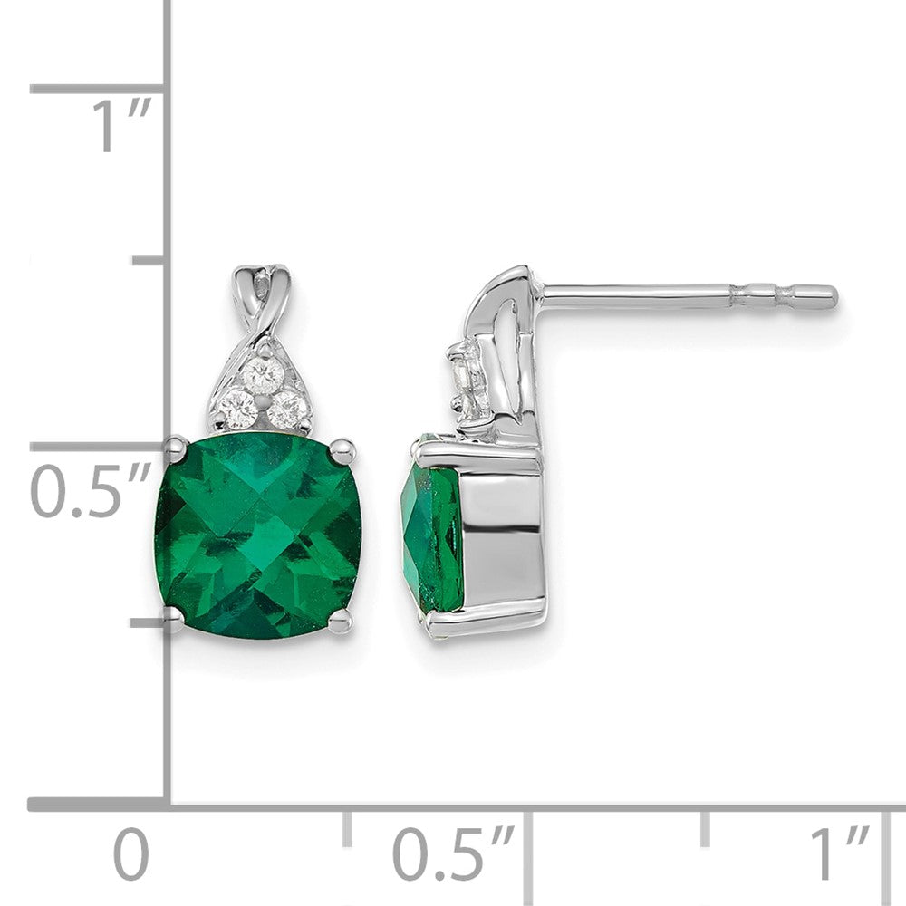 14K White Gold 7mm Cushion Checkerboard May/Lab Created Emerald and Diamond Post Earrings