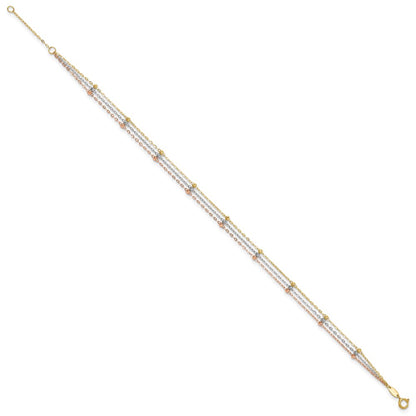14K Tri-Color Gold Tri-color 3-Strand Diamond-cut Beaded 9-Station 9 Inch Plus 1 Inch Extender - Total 10 Inch Anklet