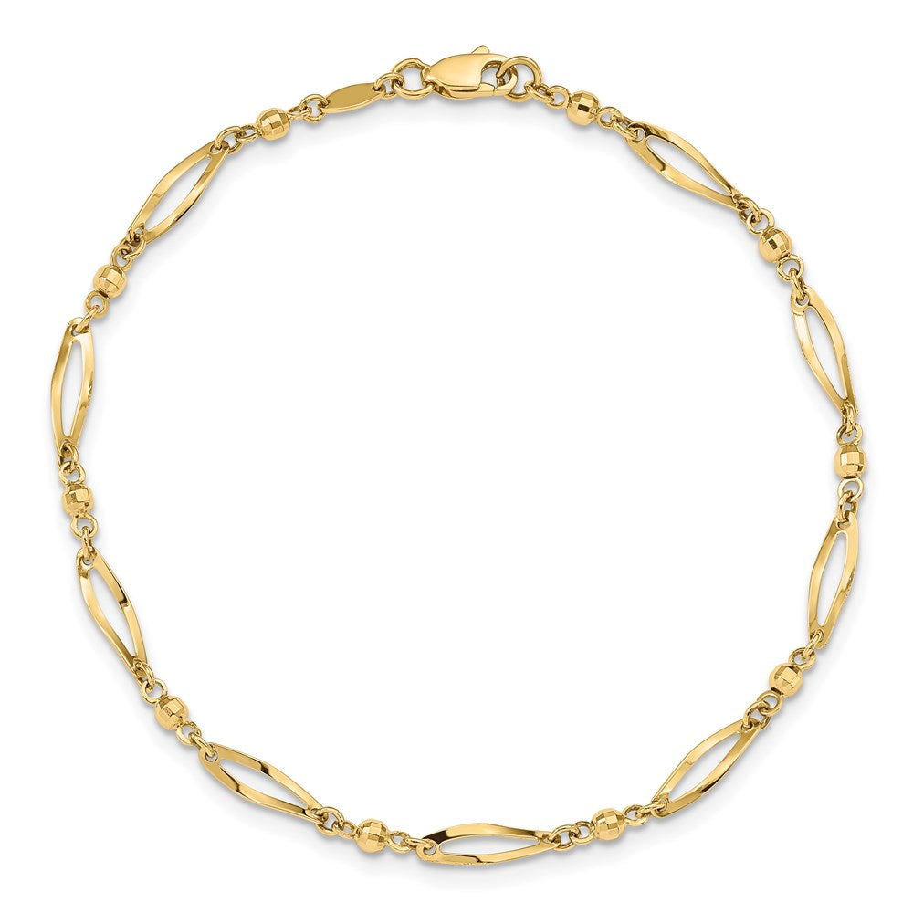 14K Yellow Gold Polished Twisted Oval and Mirror Beads 9 Inch Anklet
