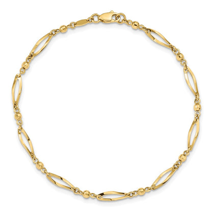 14K Yellow Gold Polished Twisted Oval and Mirror Beads 9 Inch Anklet