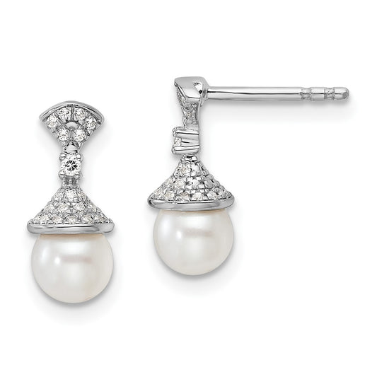 14K White Gold Polished 1/8 carat Diamond and White Freshwater Cultured Pearl Drop Post Earrings