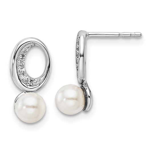 14K White Gold Polished 1/20 carat Diamond and White Freshwater Cultured Pearl Drop Post Earrings