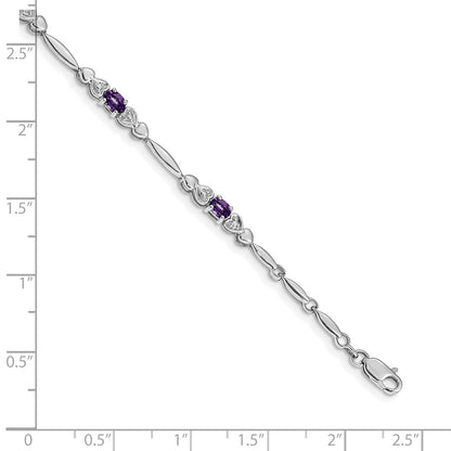 14K White Gold Complete Diamond and Oval Amethyst Heart Design 7 Inch Bracelet