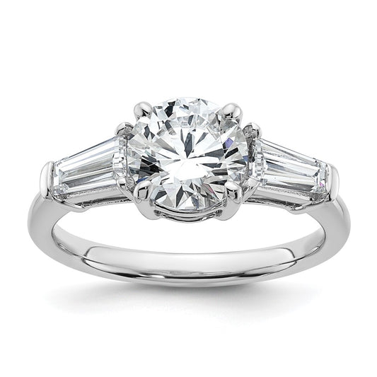 14K White Gold 2 1/5 carat Lab Grown Diamond VS+ F+ Round and Tapered Baguette Complete Three Stone Engagement Ring