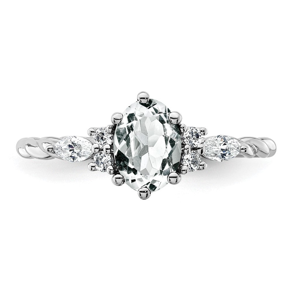 14K White Gold Diamond and 7x5 Oval April/White Topaz Size 7 Twisted Ring