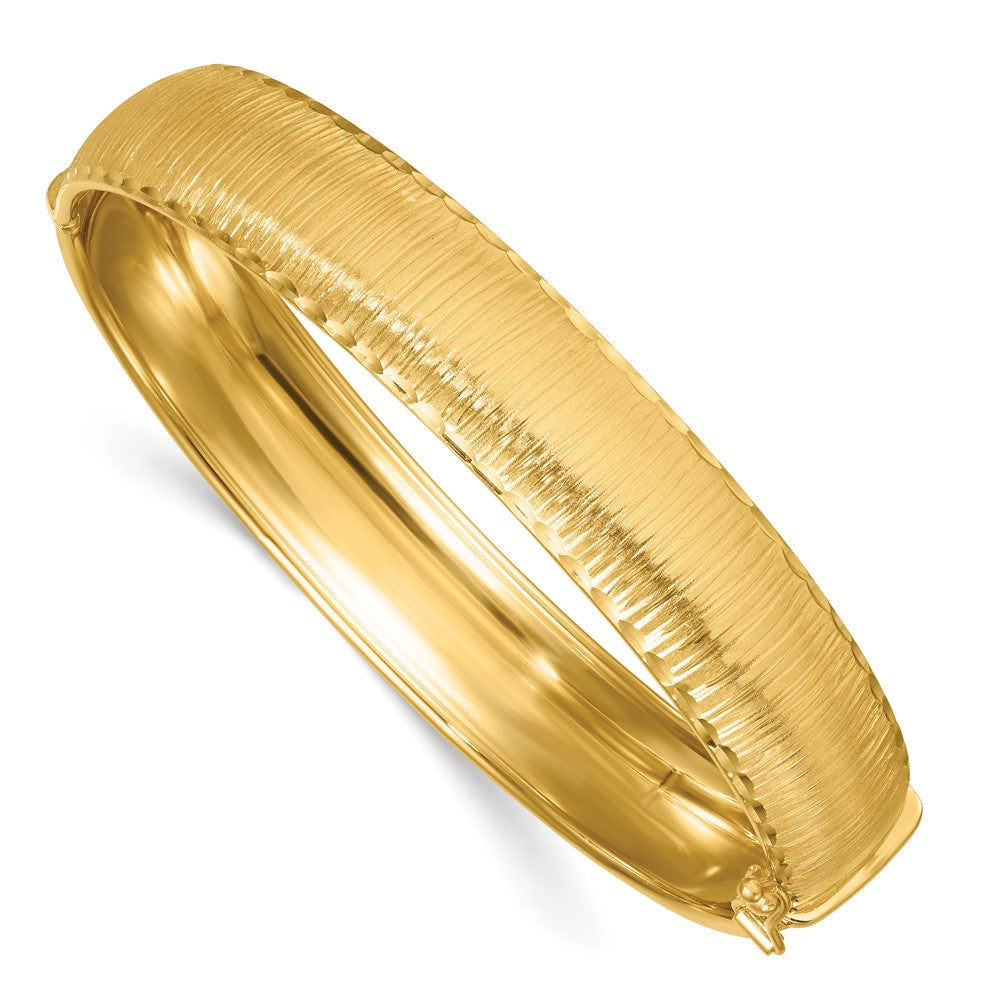 14K Yellow Gold Polished Diamond-cut Textured 11.75mm Hinged Oval Bangle Bracelet