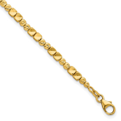 14K Yellow Gold Polished Diamond-cut and Square Beaded 7 Inch Bracelet