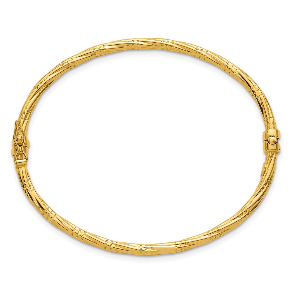 14K Yellow Gold Polished and Textured 2.90mm Twisted Hinged Oval Bangle Bracelet