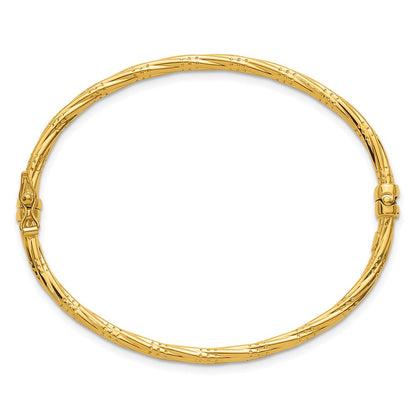 14K Yellow Gold Polished and Textured 2.90mm Twisted Hinged Oval Bangle Bracelet