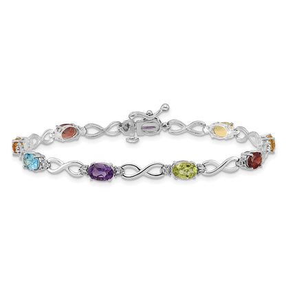 14K White Gold Complete Diamond and Oval Garnet/Swiss Blue Topaz/Citrine/Amethyst/Peridot Infinity 7 Inch Rainbow Bracelet